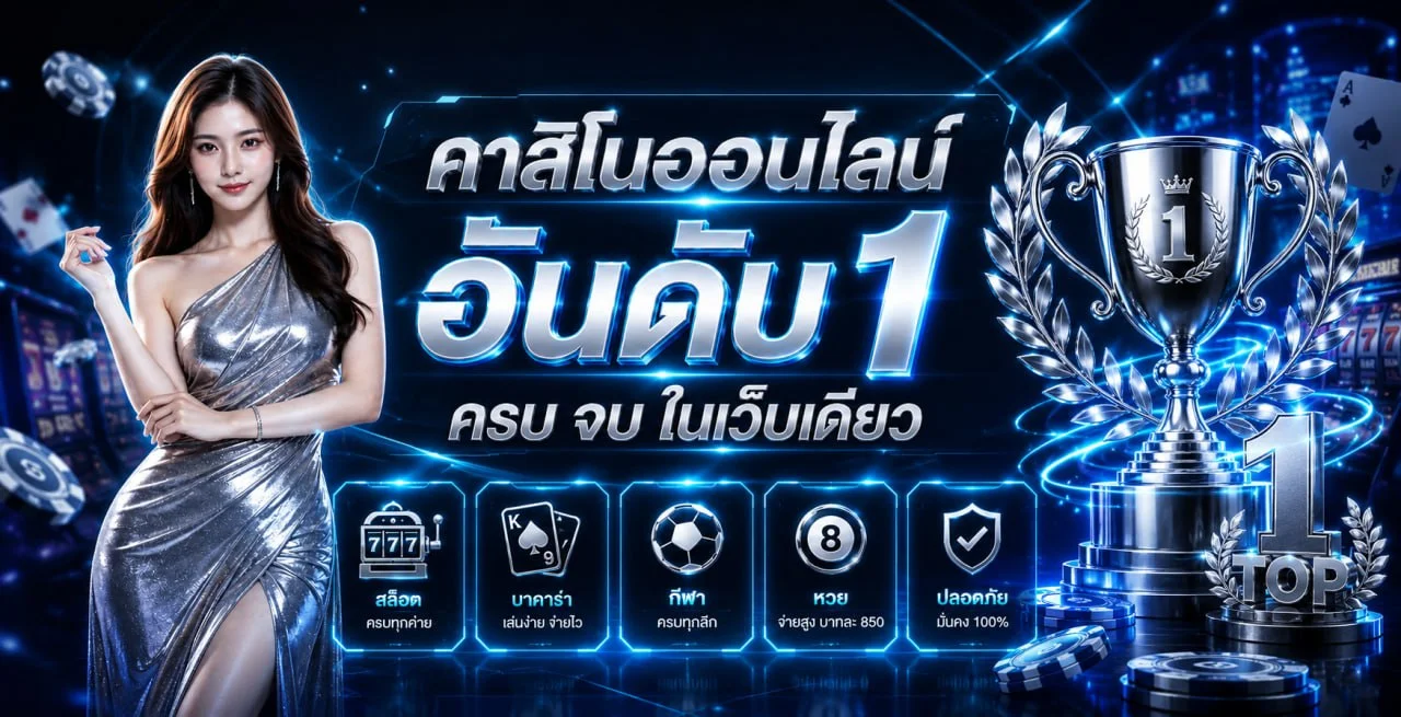 แบนเนอร์ SBOTOP คาสิโนและทางเข้าเว็บบนโทนสีน้ำเงินทอง
