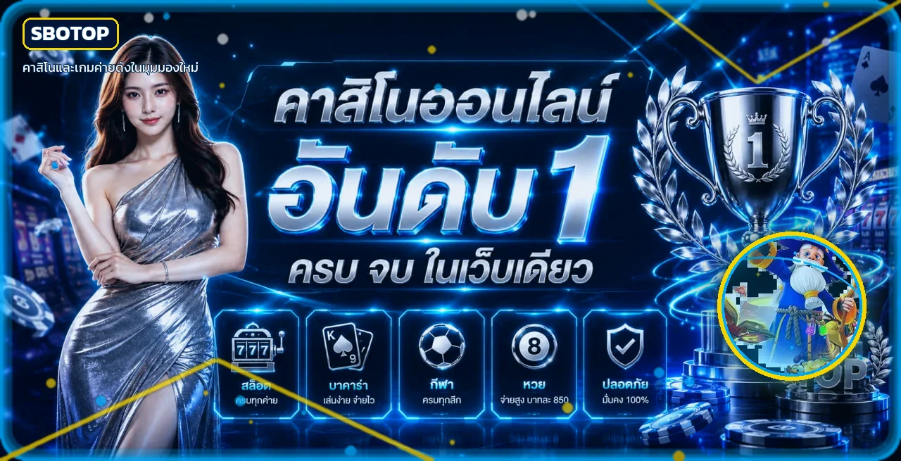 แบนเนอร์ SBOTOP คาสิโนและทางเข้าเว็บบนโทนสีน้ำเงินทอง